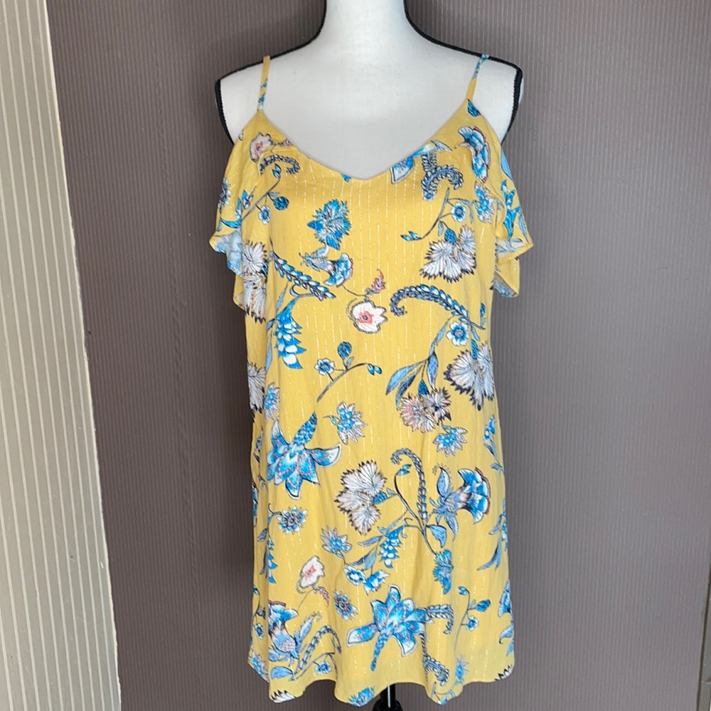 Love fire dress‎ yellow floral flowey size medium spaghetti straps off shoulder